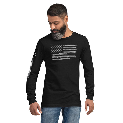 Grunge American Flag with Guns Unisex Long Sleeve Tee - Mainstream Freedom